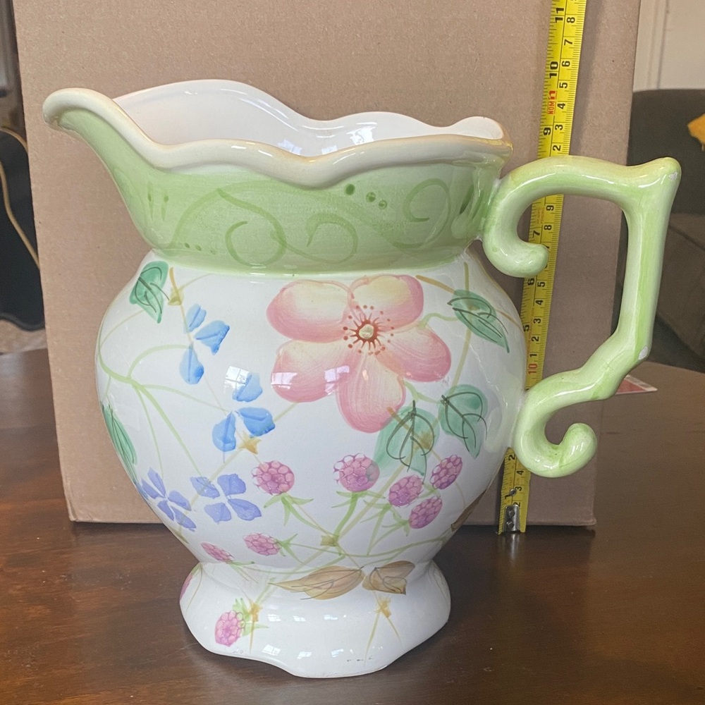 Floral Ceramic Pitcher with Green Handle